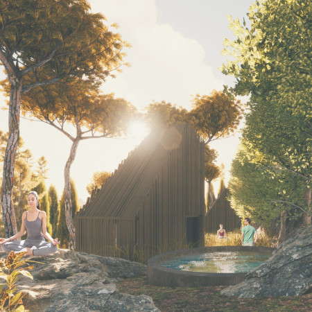 Gravity-Fed Water Features Enhancing Wellness Cabins Amid Native Stone and Greenery