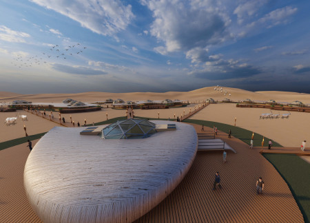 Tent Structures Powered by Solar Panels in a Desert Oasis