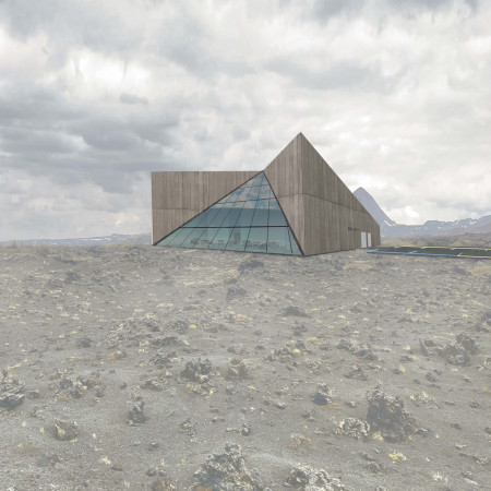 Inclined Window Framing Natural Views in a Warm Larch and Concrete Retreat