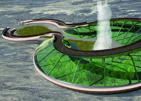 Basalt Stone Structure Enhancing Local Ecology with Green-Glass Integration