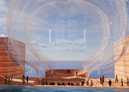 Rammed Earth Structure with Hemp Tarps Overlooking Coastal Landscape