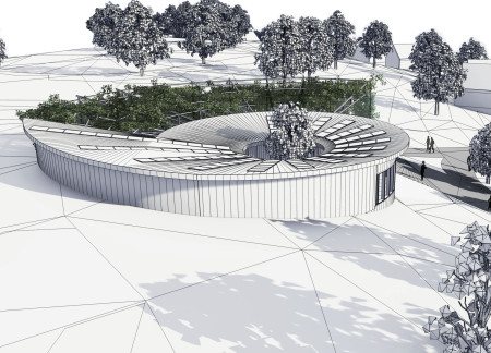 Curved Structure with Solar-Powered Glass and Sustainable Wood Integration in a Community Hub