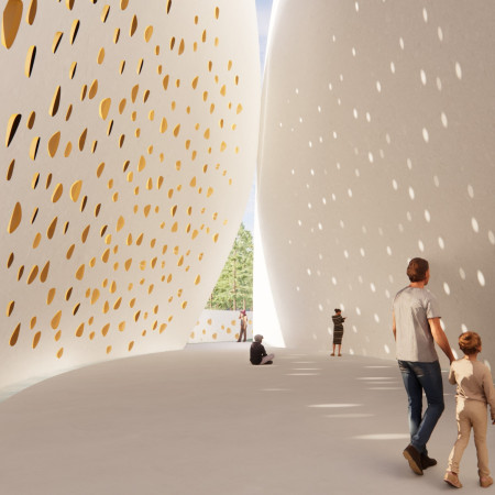 Amber Niches Within a Reflective Columbarium Embracing Nature and Community