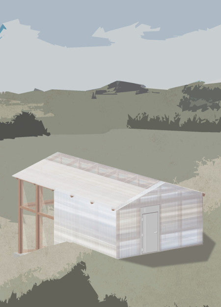 Light-Infused Space with Red Glass and Timber Framework Overlooking Vineyards