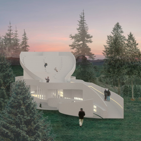 Mycelium-Infused Reflection Spaces Nestled in a Forested Landscape