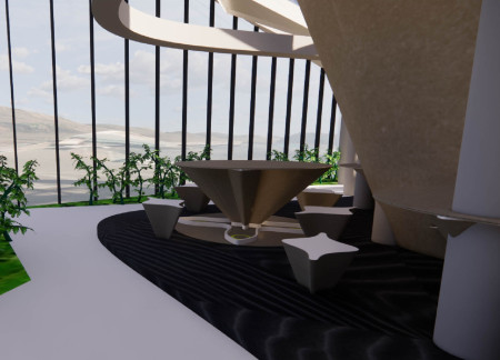 Terraced Restaurant with Glasshouse and Steel Framework in a Volcanic Landscape