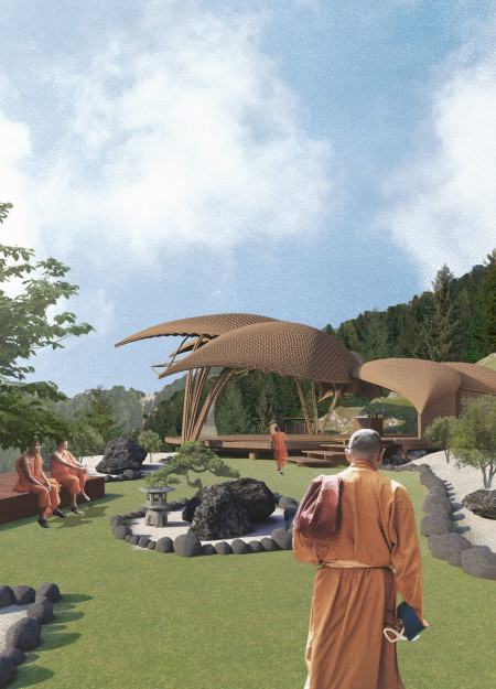 Bamboo Tessellation Overlooking Scenic Hills for Mindful Practice