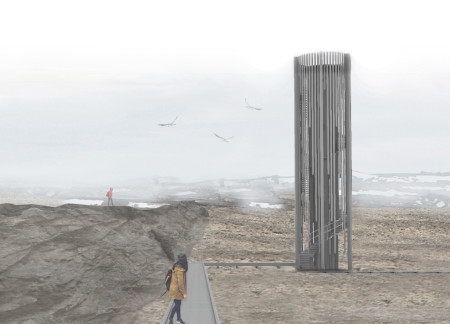 Tapered Gray Wood Tower Overlooking Geothermal Landscape