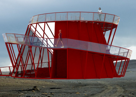 Hyperboloid Structure with Dark Red Steel and Natural Light Integration