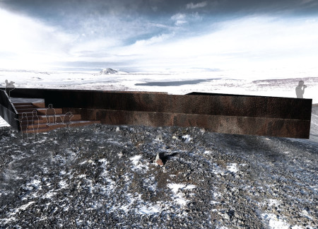 Weathered Steel Lookout Cantilevered over Volcanic Crater