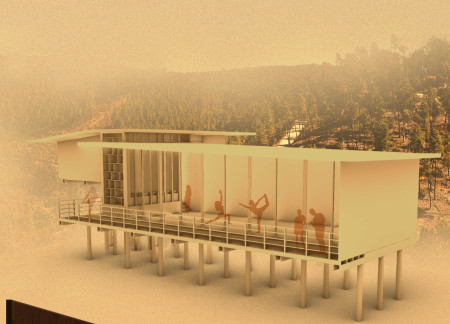 Cylindrical Posts and Plywood Create Functional Community Space