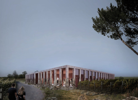 Local Limestone and Concrete Structure with Circular Patio for Vineyard Living