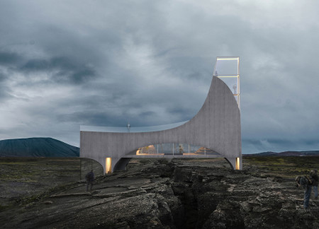 Curved Glass Structure over Geological Fissure with Local Stone Integration