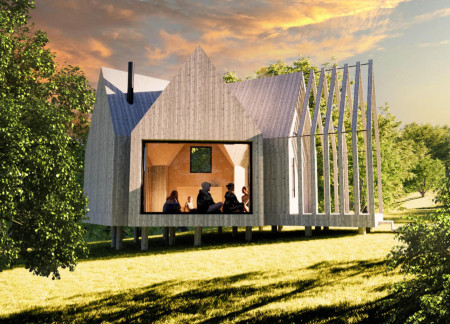 Timber Retreat Elevated with Cross-Laminated Panels in a Scenic Glade