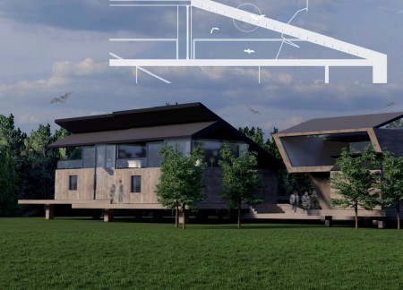 Bats' Habitat Integrated into Chestnut Wood Living Spaces with Lake Views