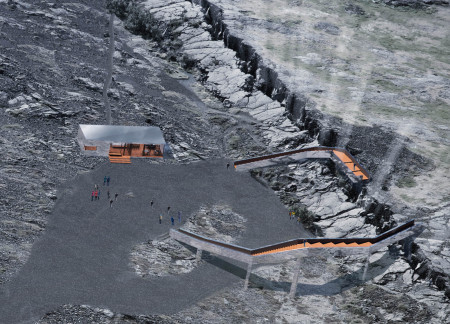 Polished Aluminum Pavilion Overlooking Unique Geological Features