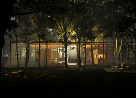 Dining Among Trees with Reclaimed Panels and Semi-Transparent Curtains