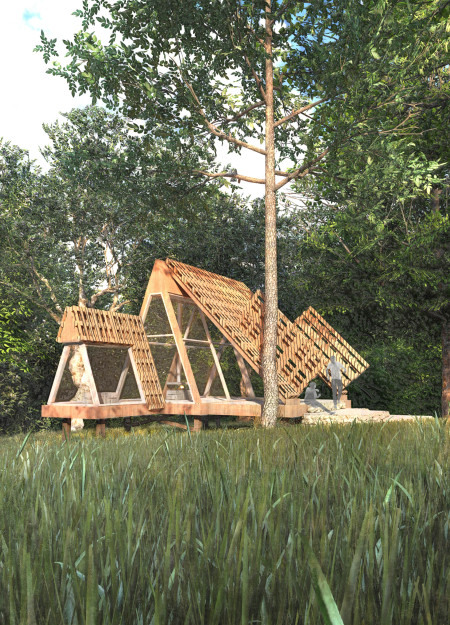 Elevated Meditation Space Crafted from Recycled Pallets and Local Stone