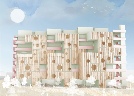 Repurposed Larch Wood and Fiber Cement Community Housing with Integrated Commercial Spaces