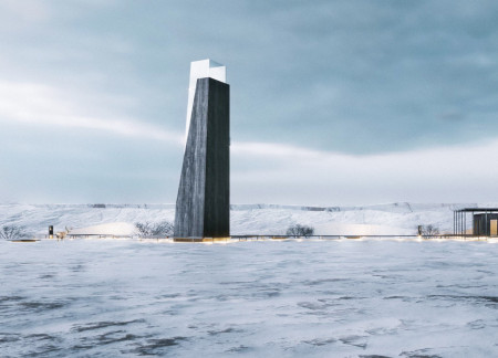 Sculptural Tower with Lifted Pathways and Natural Wood Integration