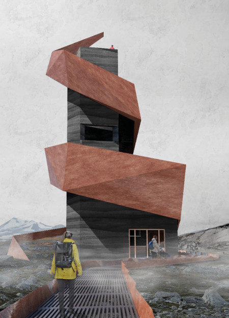 Corten Steel Observation Tower with Earth Integration in Icelandic Landscape