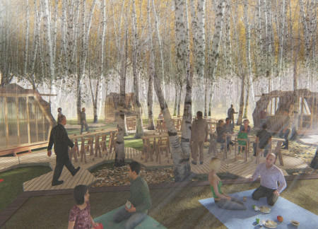 Hexagonal Food Stalls Beneath Birch Trees with Treated Timber Structure