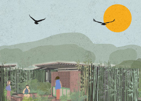 Bamboo Walls and Traditional Bricks in Elevated Private Cabins for Community Living