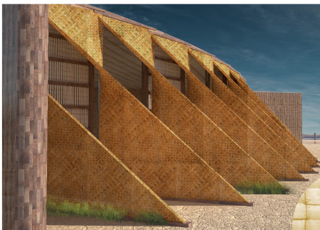 Mud Brick Integration with Palm Frond Shading in Wetland Visitor Center