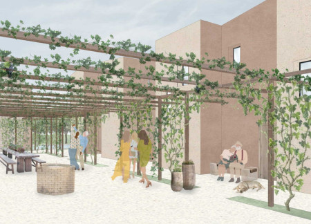 Vines and Olive Trees Enhanced by Traditional Brick in a Community-Focused Retreat