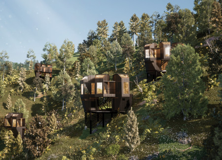 Connecting Spaces with Zinc Cladding and Pine Wood in Nature Retreats
