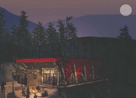 Vermilion Canopy over Expanded Cork and Glulam in a Forest Sanctuary