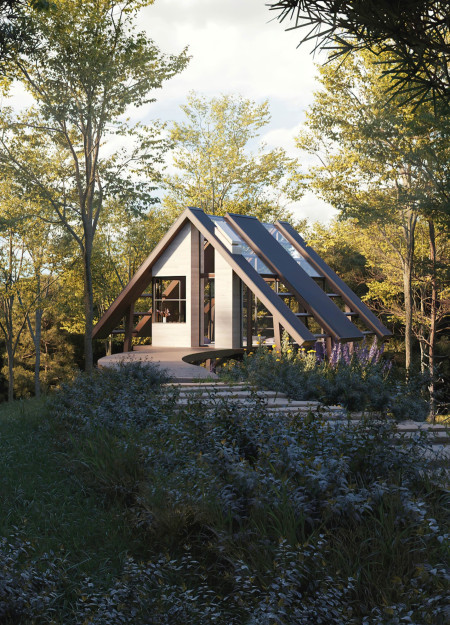 Floating Glass Structure Embracing Natural Wood in a Tranquil Retreat