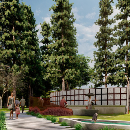 Circular Space Embracing Nature with Concrete and Granite Elements