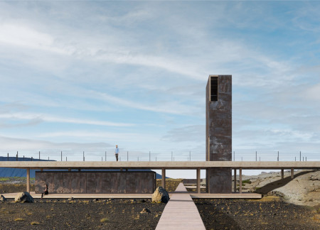 Weathered Steel Observation Tower Melding into Iceland's Volcanic Landscape