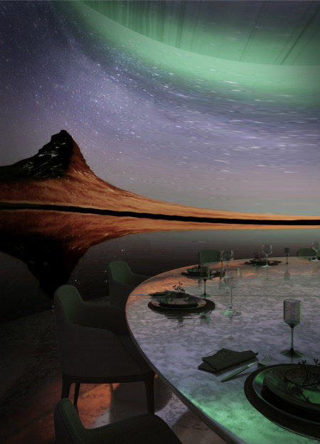 Floating Ceiling Inspired by Northern Lights Enhances Immersive Dining in Hydroponic Community Space
