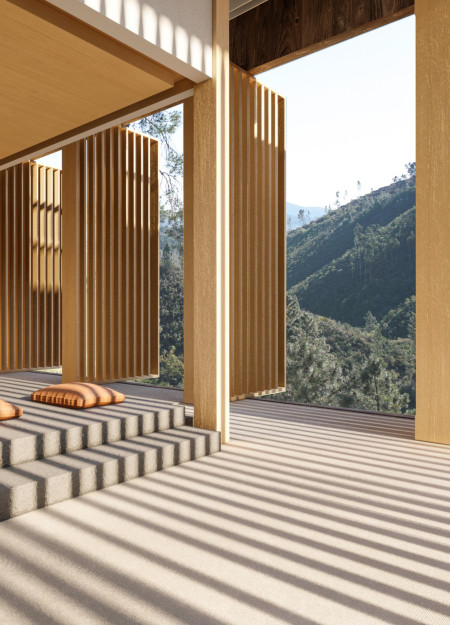 Louvered Canopy and Concrete Foundations in a Tranquil Meditation Space