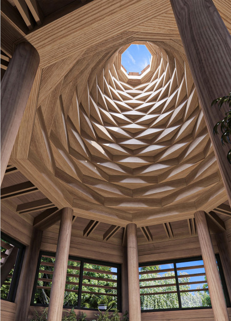 Geometric Retreat Embracing Nature Through Cross-Laminated Timber and Verdant Interiors