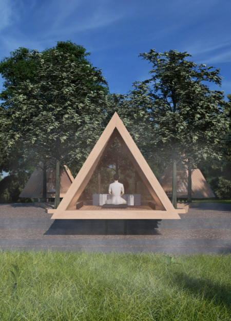 Pentagonal Meditation Huts Crafted from Prefabricated Metal and Wood Decking
