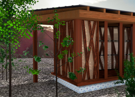 Elevated Meditation Cabin with Pivoting Doors and Solar Panels