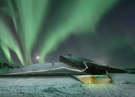 Glass Walls Framing Volcanic Views with an Integrated Observation Deck