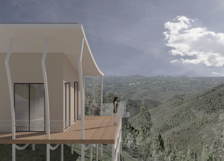 Curvilinear Wood Structures Nestled Among Green Terraces for Relaxation