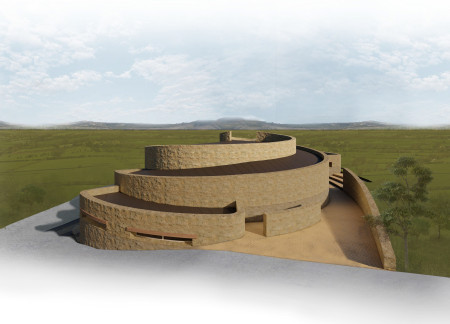 Spiral Form Structure Emphasizing Local Stone and Cork Flooring for Community Engagement