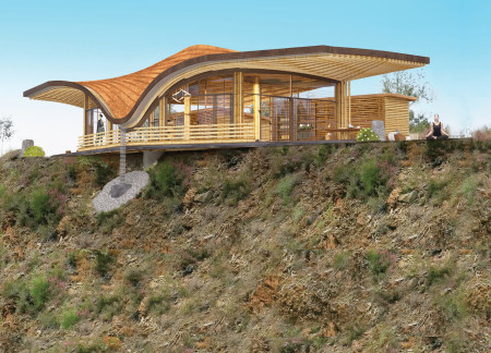 Bamboo Structure with Thatched Roof Integrating Natural Elements in a Meditation Space