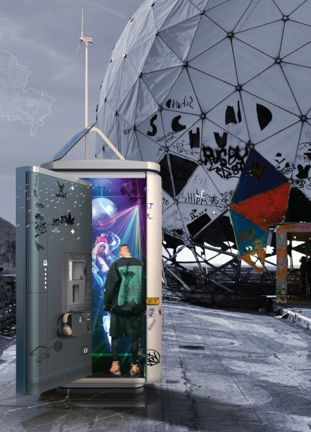 Soundproof Steel Booth with Interactive LED Features and Community Art Space