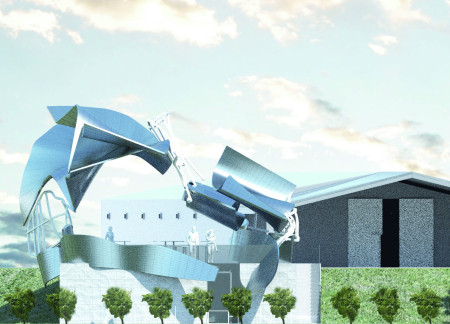 Metallic Surfaces and Light Play in a Scenic Tasting Pavilion