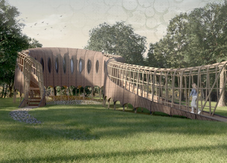 Curvilinear Sanctuary with Raw Stone and Glulam Structure