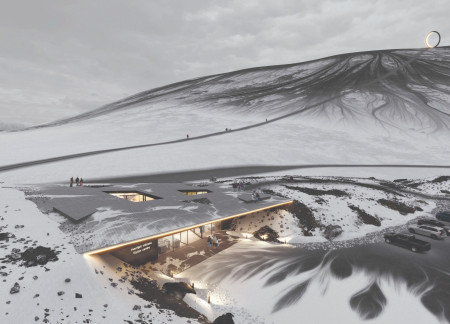 Local Stone and Dark Metal Visitors Center Emphasizing Natural Landscapes