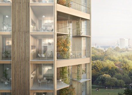 Timber-Clad Stacked Microhomes with Communal Gardens