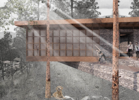 Geometric Courtyard Retreat with Timber and Stone Elements