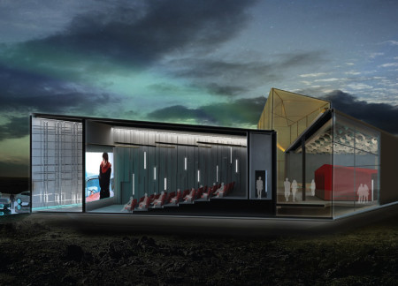 Basalt Forms and Natural Light in a Volcanic Landscape Cinema Pavilion